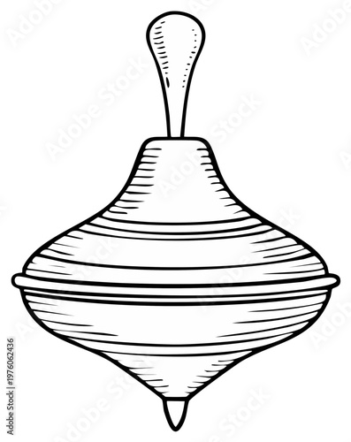Vintage toy spinning top illustration with handle and spiral shape in retro etching style drawing.