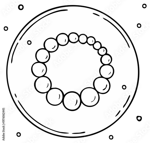 Beaded necklace illustration in round frame. Beaded chain in line drawing. Decorative accessory.