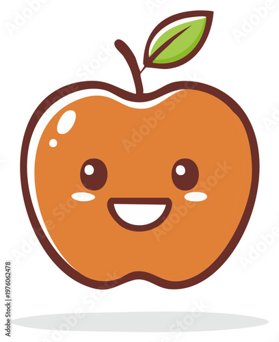 Cute smiling cartoon apple character with green leaf happy fruit vector illustration