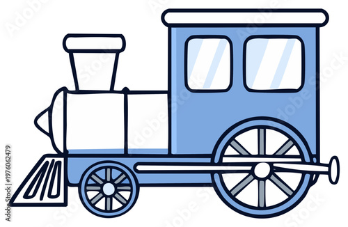 Illustration of a blue toy train locomotive with white and black outline on plain background
