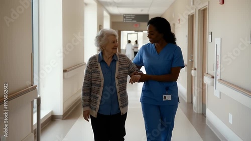 A compassionate caregiver and elderly patient walk together in a hospital corridor, captured with a steady tracking shot, gentle ambient motion, and a warm, cinematic style.