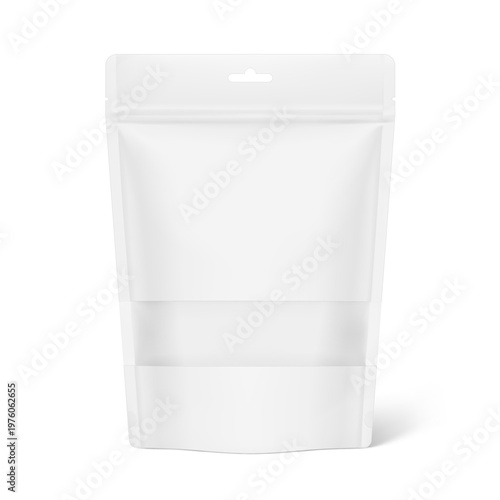 Realistic stand up pouch bag mockup with clear window and euro slot. Vector illustration isolated on white background. Easy to make a realistic mockup of your product. EPS10.