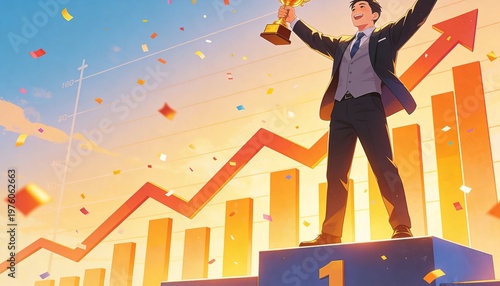 A triumphant businessman stands on a podium, celebrating success with a trophy in hand, surrounded by confetti and a rising graph.