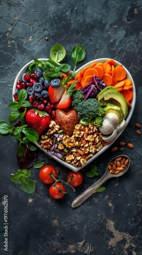 A heart-shaped plate filled with fresh vegetables, fruit and nuts provides a wholesome, atmospheric backdrop for healthy eating initiatives