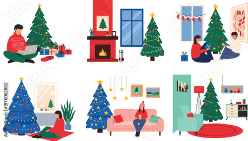 Christmas Holiday Celebration Illustration Set with Family Decorating Tree Gift Giving Cozy Living Room Winter Festive Interior Scenes
