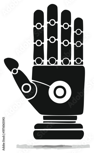 Graphic illustration of a mechanical hand with a futuristic design.