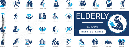elderly solid icon set. senior, retirement, care, aging, health, pensioner, support. editable vector illustration collection set.