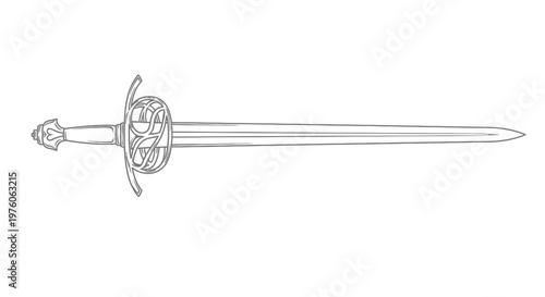 Detailed line drawing of a classic rapier sword with an ornate hilt and long blade.