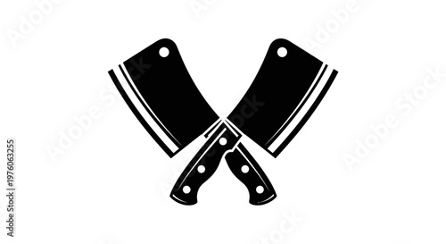 Two crossed black meat cleavers in a silhouette graphic design on a white background, representing butchery or cooking tools.