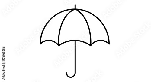 A simple black and white line art illustration of an open umbrella, depicted with a curved handle and a classic canopy shape, providing a clear and minimalist graphic representation.