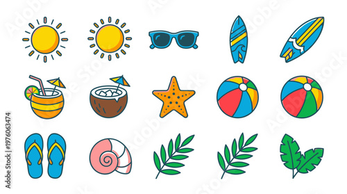Colorful beach icons and symbols.