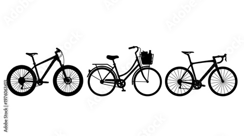 Three bicycles in a row side view.