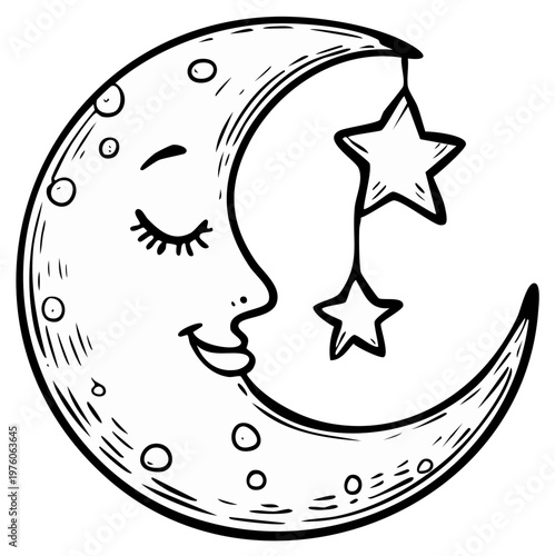 Whimsical crescent moon character with closed eyes and dangling stars in a hand drawn style