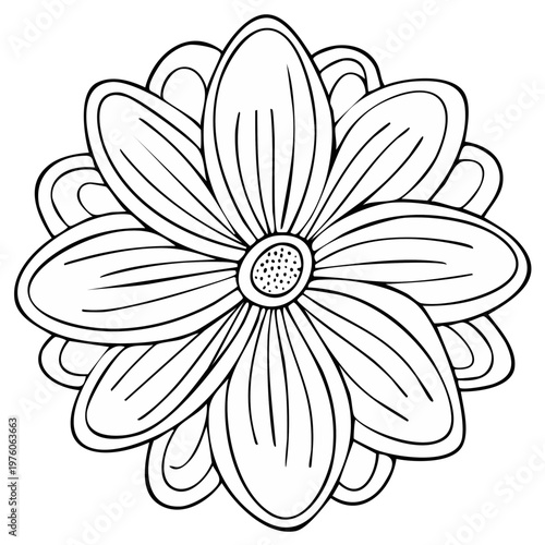 Detailed Flower Outline Design: Round Blossom with Petals and Central Dot Pattern. Floral Illustration for Coloring