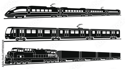 Trains and locomotives in profile view.