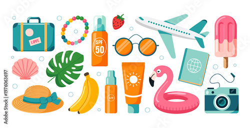 Collection of summer vacation and travel essentials with beach theme straw hat ice cream flat design vacation essentials suitcase sunglasses sunscreen flamingo inflatable airplane passport