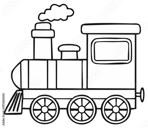 Illustration of a classic steam train with smoke billowing from its chimney, outlined for coloring