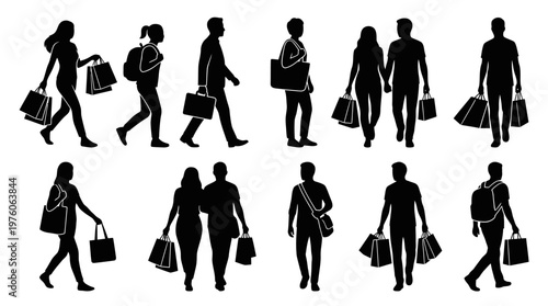 Silhouettes of people walking with bags.