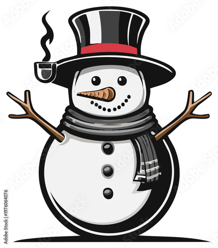 Whimsical Snowman Wearing Top Hat Scarf and Smoking Pipe