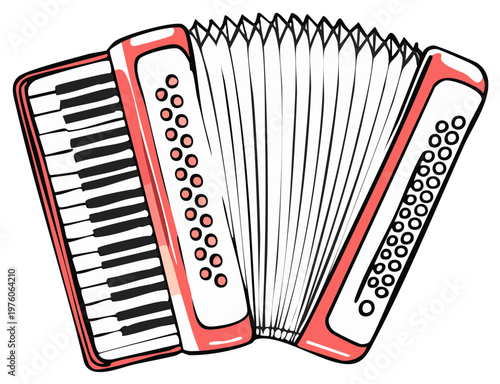 A vibrant coral red accordion with black and white keys and bellows, illustrated in a clean, simple line art style