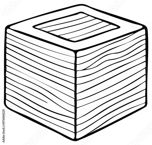 Black and white hand drawn illustration of a wooden cube block with wood grain texture and a recessed top
