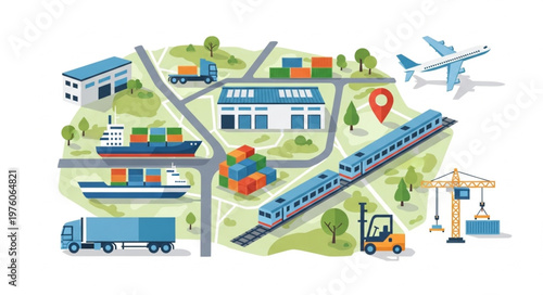 Comprehensive Global Logistics Network Depicting Various Transportation Methods.