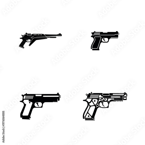 Handgun Pistol and Firearm Silhouette Vector Icon Set
