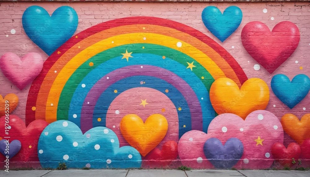 Fototapeta premium Colorful hearts and rainbow mural painted on a textured pink brick wall. Vibrant street art design features joyful symbols and bright patterns. This urban artwork promotes love and positivity.