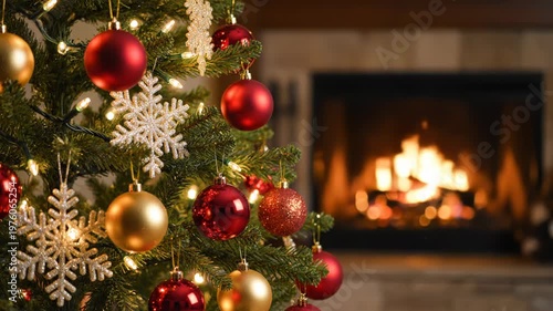 Christmas tree decorated with red and gold ornaments by a fireplace