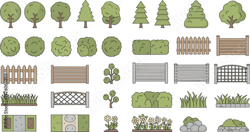 Garden Landscape Elements Illustration Set with Trees Bushes Fences Grass Paths Flowers and Outdoor Decorative Yard Design Collection