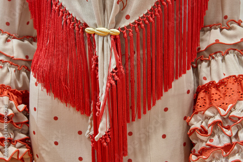 Traditional flamenco costume. Elegant woman andalusian dresses. Sevillanas. Spain