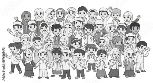 Group of diverse children in traditional attire, smiling and holding hands.