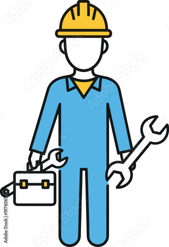Cartoon worker in blue overalls and yellow hard hat holding tools