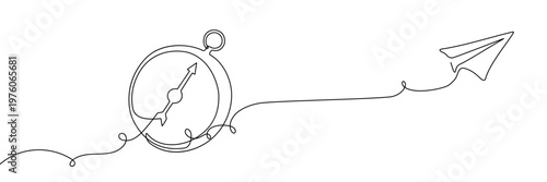 Continuous one line compass art journey adventure illustration single map. Compass one line doodle icon travel direction drawing future plane north outline vector old navigate draw simple paper banner