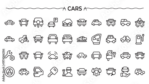 Car Icons Set for Automotive, Transportation and Vehicle Line Vector Collection