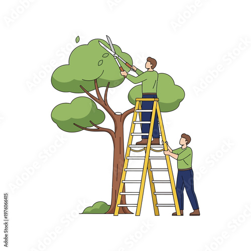 Two men pruning tree on ladder in cartoon style with green color in bright lighting for gardening