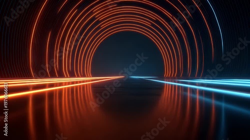 Abstract neon tunnel motion with orange and blue glowing light circles looping over dark reflective surface creating futuristic sci-fi digital landscape for creative technology presentations.