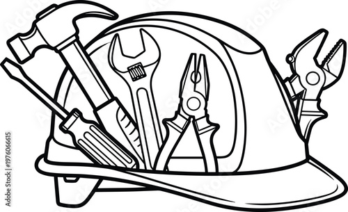 Construction tools and hard hat for building and repair work