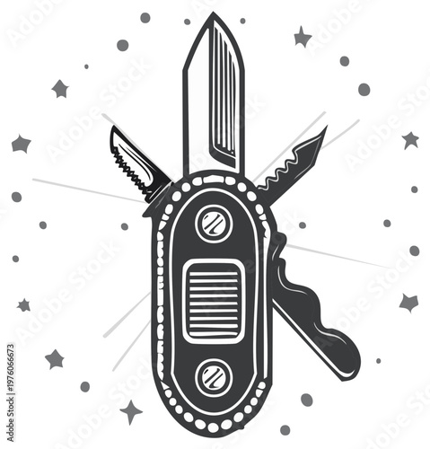 Hand-drawn black and white multi-tool pocket knife illustration with blades and utility tools, surrounded by stars.