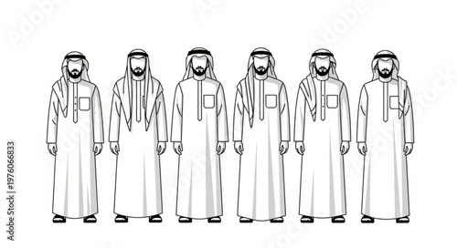 Group of Arab men in traditional attire standing together in a row.