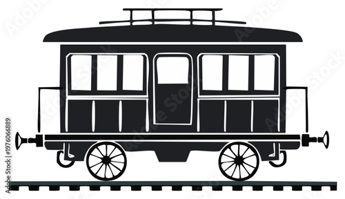 Vintage Trolley or Train Passenger Car on Railroad Tracks Side View Vector Silhouette