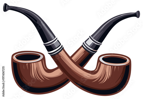 Crossed wooden pipes with curved stems, vector illustration