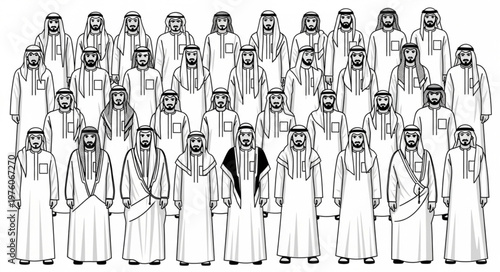 Group of Arab men in traditional attire, standing together, portrait.