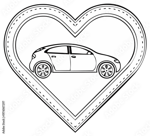 Automobile inside heart-shaped road outline, love of car or travel concept