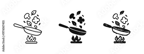 Cooking Frying Pan and Food Icon Set over Flame. Outline, Filled, and Hand-Drawn Styles for Kitchen Culinary Symbols.