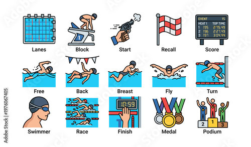 Swimming competition icons: lanes, block, start, swim strokes, medals, scoreboard