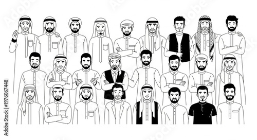 Group of Arab men in traditional attire, standing together, portrait.