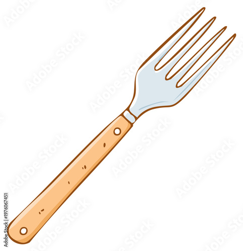 Single cartoon fork with wood handle for eating food. Silver metal prongs for piercing fruit, vegetable, or salads