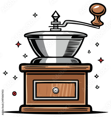 Vintage Manual Coffee Grinder with Wooden Base and Shiny Metal Top, Grinding Beans for Fresh Coffee