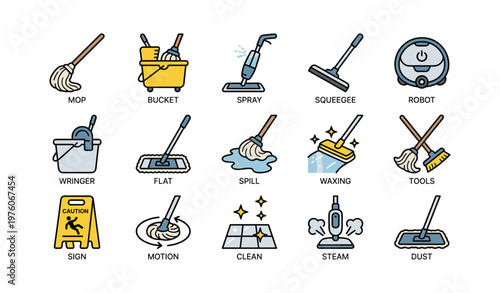 Cleaning tools and equipment icons including mop, bucket, spray, and robot vacuum
